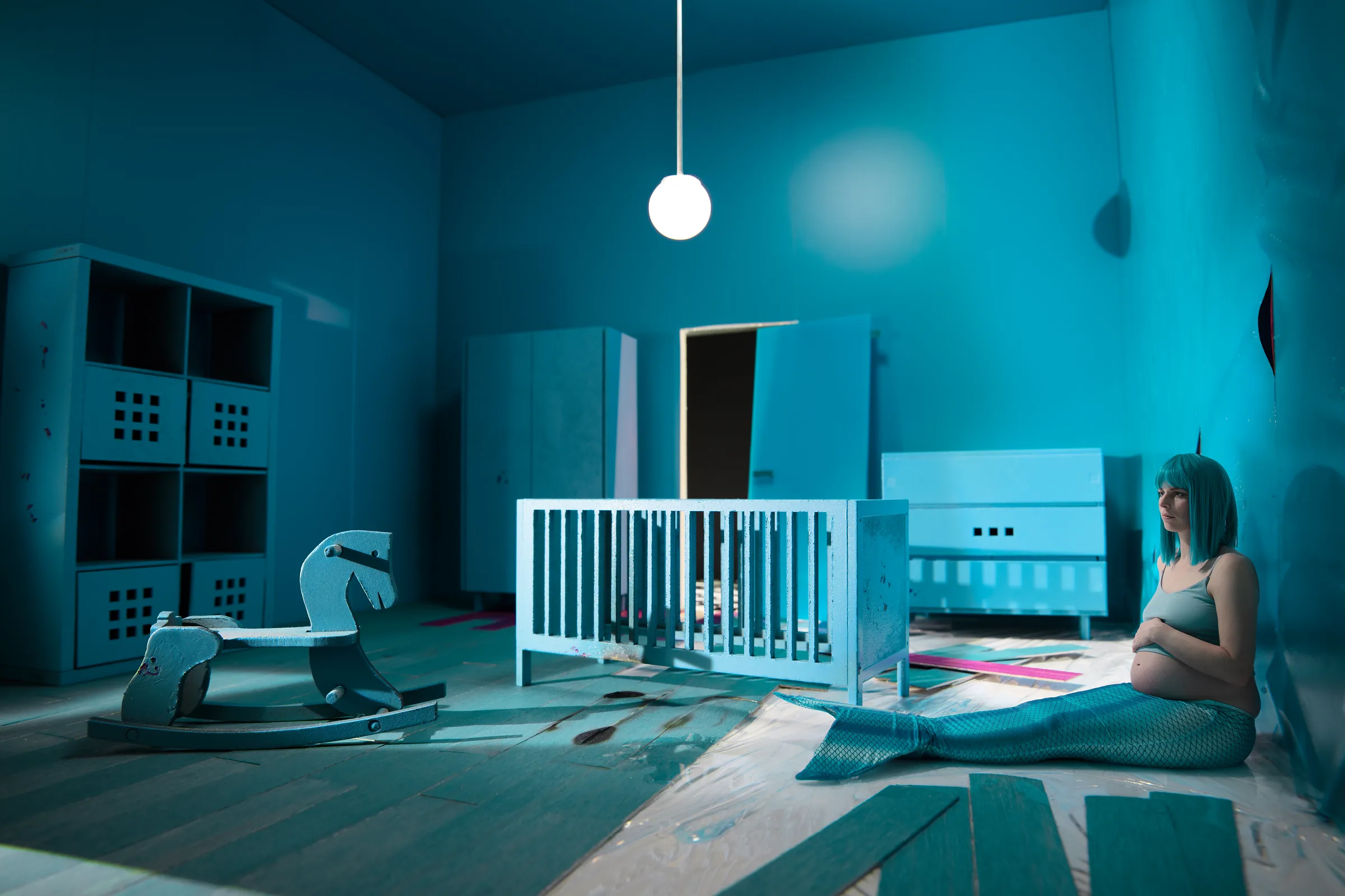 Cyan Cube (CUBES I) – staged photograph of a hand-built miniature set by Seb Agnew