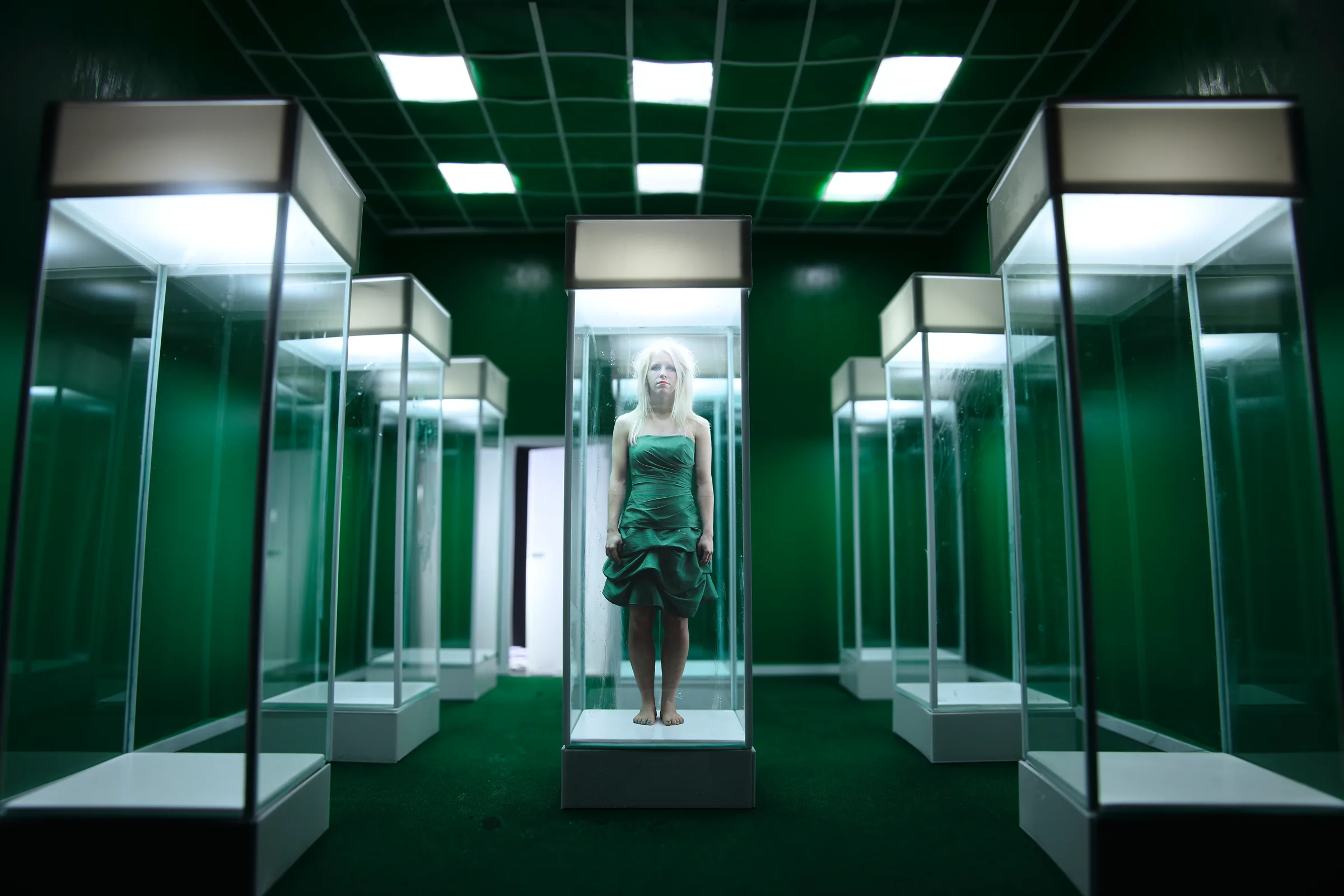 Green Cube (CUBES I) – staged photograph of a hand-built miniature set by Seb Agnew