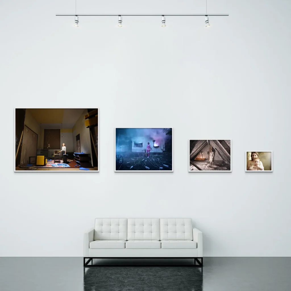 Four print sizes above a sofa